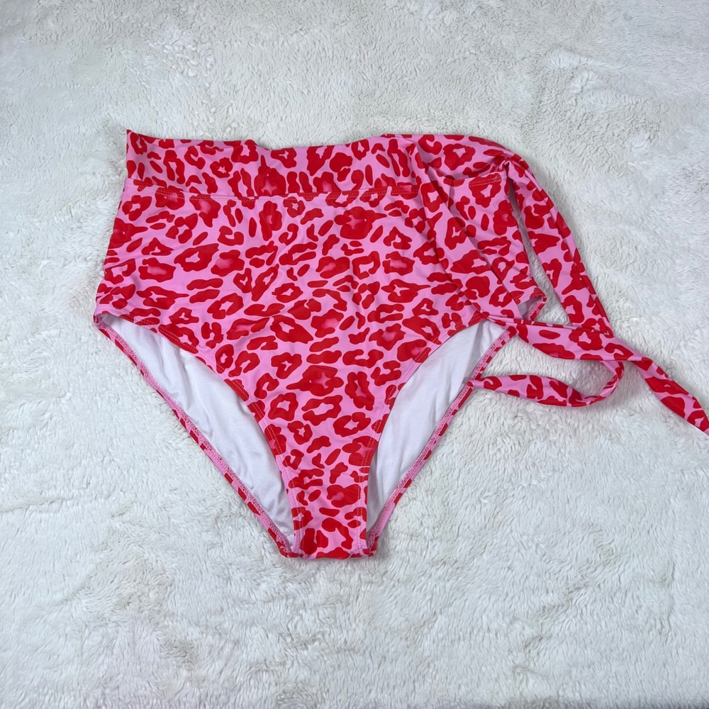 Dokotoo Pink Red Leopard Print High Waisted Bikini Bottoms XL Side Tie Retro